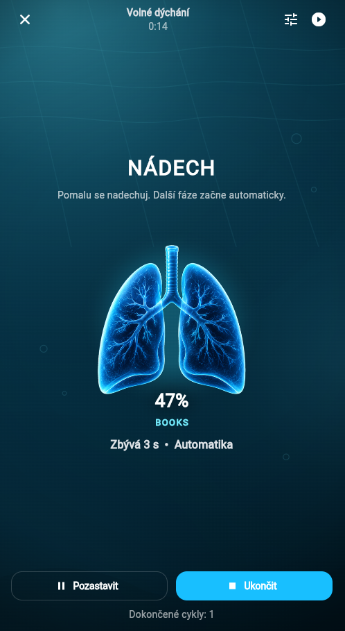 Obrazovka volného dýchání se svítící grafikou plic